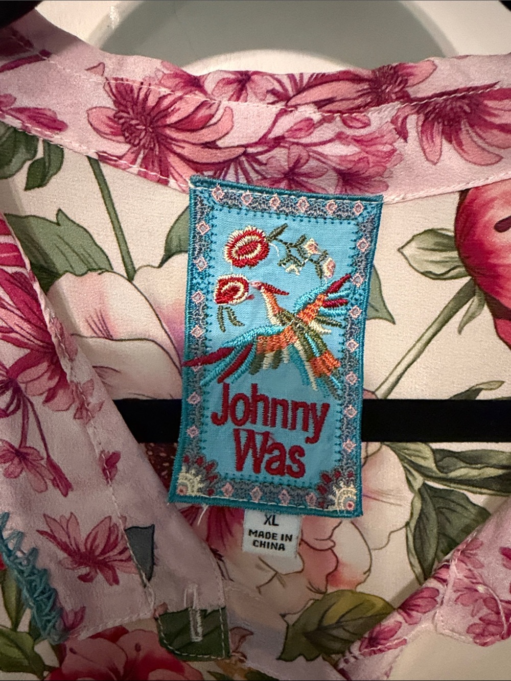 Johnny Was 100% Silk Floral and Butterfly Button-Up Blouse with Blue Stripe Hem - Picture 2 of 8